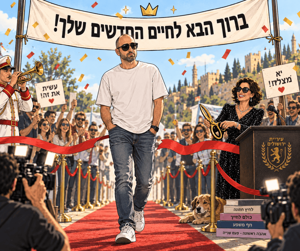 איור של טקס הצלחה דמיוני לעומר ברק עם סרט אדום